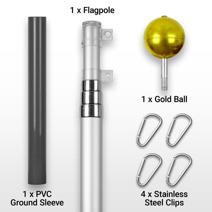 G128 Combo Pack: 16 Ft Telescoping Aluminum Flagpole (Silver) & Thin Blue Line Flag 3x5 Ft, StormFlyer Series Embroidered 220GSM Spun Polyester | Pole with Flag Included