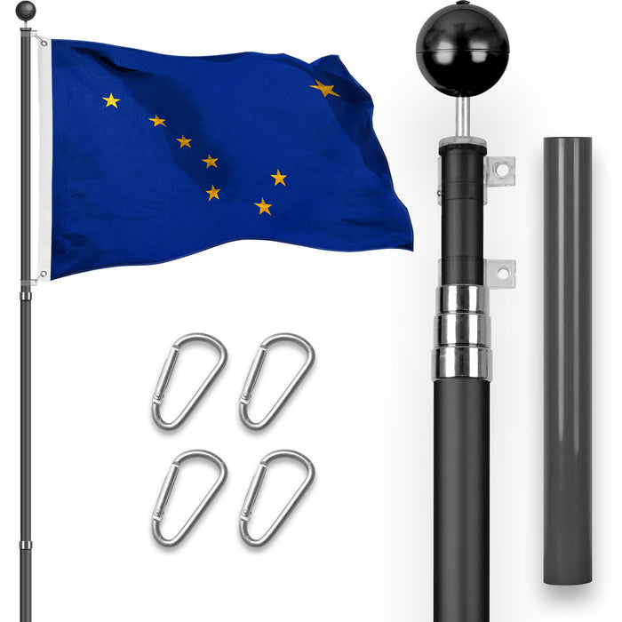 G128 Combo Pack: 16 Ft Telescoping Aluminum Flagpole (Black) & Alaska AK  3x5 Ft, StormFlyer Series Embroidered 220GSM Spun Polyester | Pole with Flag Included