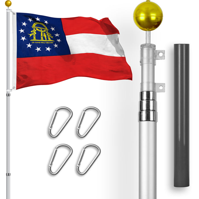 G128 Combo Pack: 16 Ft Telescoping Aluminum Flagpole (Silver) & Georgia GA  3x5 Ft, StormFlyer Series Embroidered 220GSM Spun Polyester | Pole with Flag Included