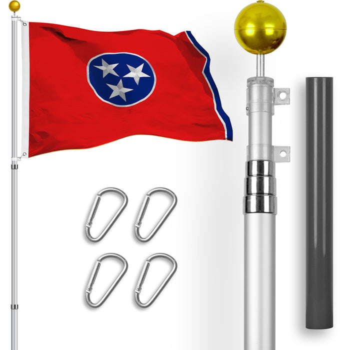 G128 Combo Pack: 16 Ft Telescoping Aluminum Flagpole (Silver) & Tennessee TN  3x5 Ft, StormFlyer Series Embroidered 220GSM Spun Polyester | Pole with Flag Included