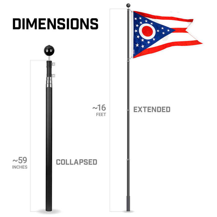 G128 Combo Pack: 16 Ft Telescoping Aluminum Flagpole (Black) & Ohio OH  3x5 Ft, StormFlyer Series Embroidered 220GSM Spun Polyester | Pole with Flag Included