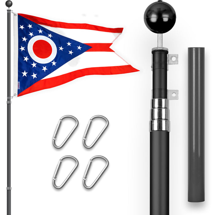 G128 Combo Pack: 16 Ft Telescoping Aluminum Flagpole (Black) & Ohio OH  3x5 Ft, StormFlyer Series Embroidered 220GSM Spun Polyester | Pole with Flag Included