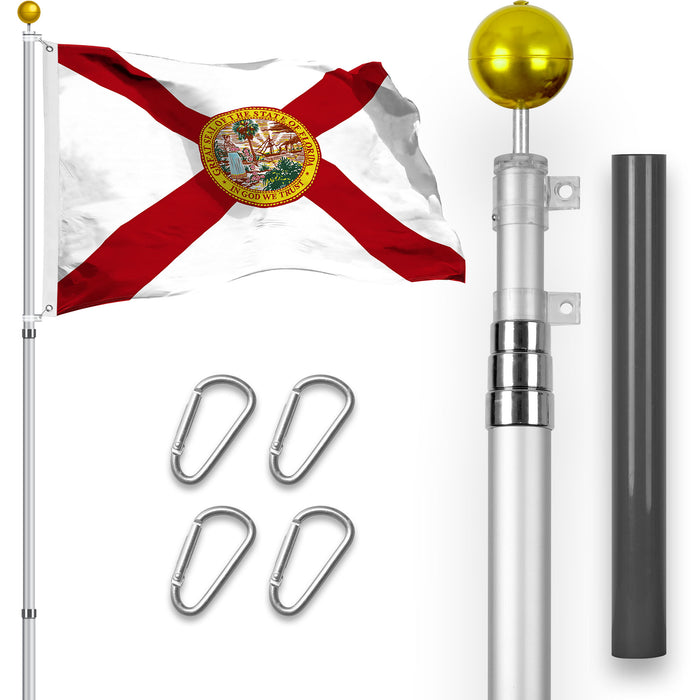 G128 Combo Pack: 16 Ft Telescoping Aluminum Flagpole (Silver) & Florida FL  3x5 Ft, StormFlyer Series Embroidered 220GSM Spun Polyester | Pole with Flag Included