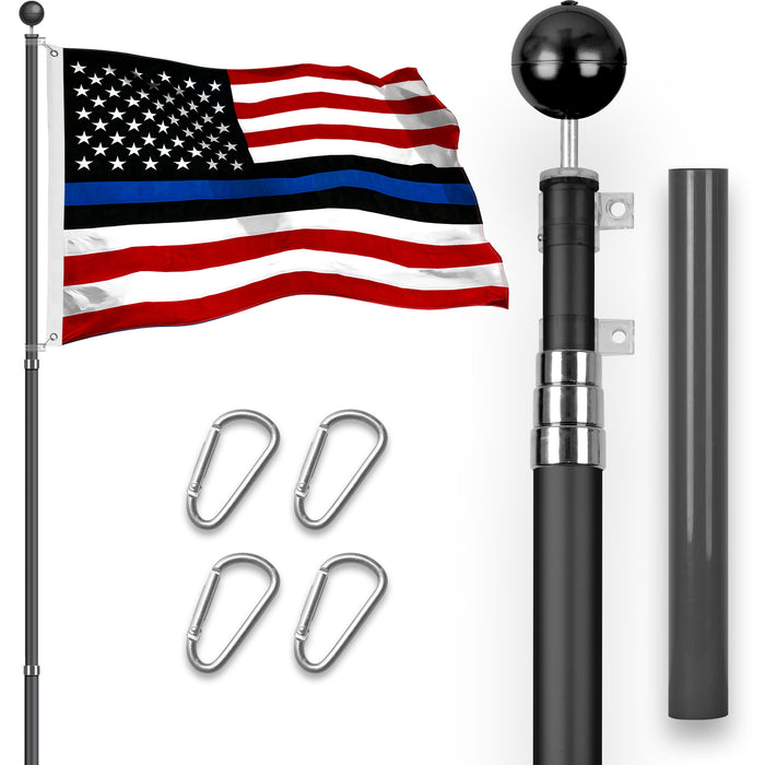 G128 Combo Pack: 16 Ft Telescoping Aluminum Flagpole (Black) & Blue Lives Matter Flag 3x5 Ft, StormFlyer Series Embroidered 220GSM Spun Polyester | Pole with Flag Included