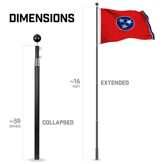 G128 Combo Pack: 16 Ft Telescoping Aluminum Flagpole (Black) & Tennessee TN  3x5 Ft, StormFlyer Series Embroidered 220GSM Spun Polyester | Pole with Flag Included