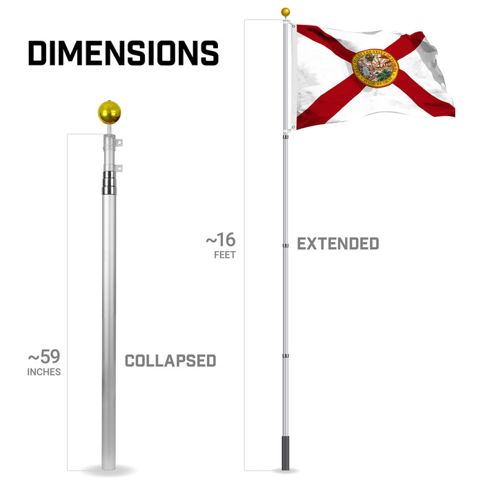 G128 Combo Pack: 16 Ft Telescoping Aluminum Flagpole (Silver) & Florida FL  3x5 Ft, StormFlyer Series Embroidered 220GSM Spun Polyester | Pole with Flag Included