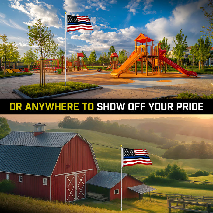G128 Combo Pack: 16 Ft Telescoping Aluminum Flagpole (Silver) & Blue Lives Matter Flag 3x5 Ft, StormFlyer Series Embroidered 220GSM Spun Polyester | Pole with Flag Included