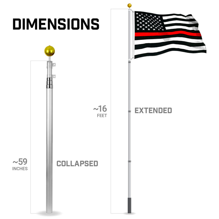 G128 Combo Pack: 16 Ft Telescoping Aluminum Flagpole (Silver) & Thin Red Line  3x5 Ft, StormFlyer Series Embroidered 220GSM Spun Polyester | Pole with Flag Included