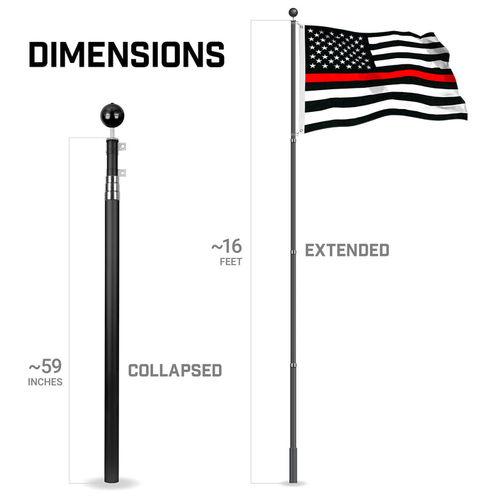 G128 Combo Pack: 16 Ft Telescoping Aluminum Flagpole (Black) & Thin Red Line  3x5 Ft, StormFlyer Series Embroidered 220GSM Spun Polyester | Pole with Flag Included