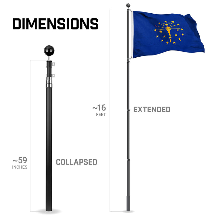 G128 Combo Pack: 16 Ft Telescoping Aluminum Flagpole (Black) & Indiana IN  3x5 Ft, StormFlyer Series Embroidered 220GSM Spun Polyester | Pole with Flag Included