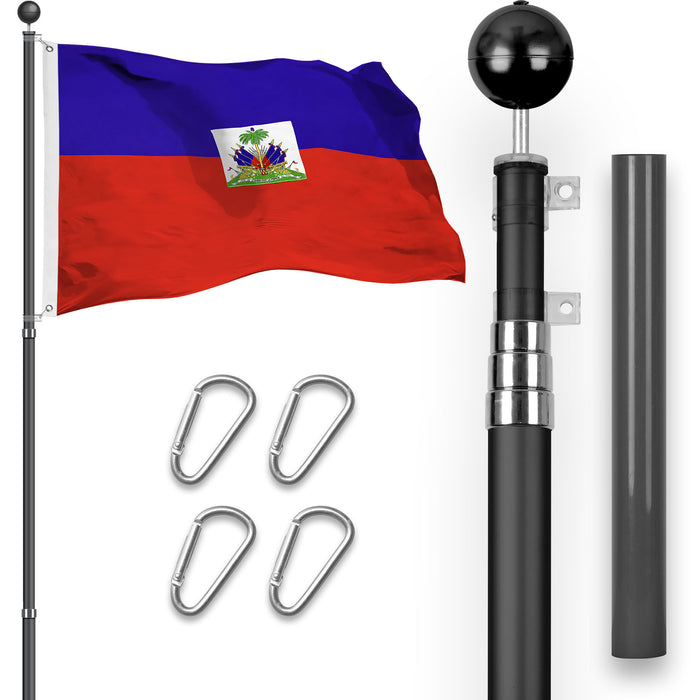 G128 Combo Pack: 16 Ft Telescoping Aluminum Flagpole (Black) & Haiti Haitian Flag 3x5 Ft, StormFlyer Series Embroidered 220GSM Spun Polyester | Pole with Flag Included