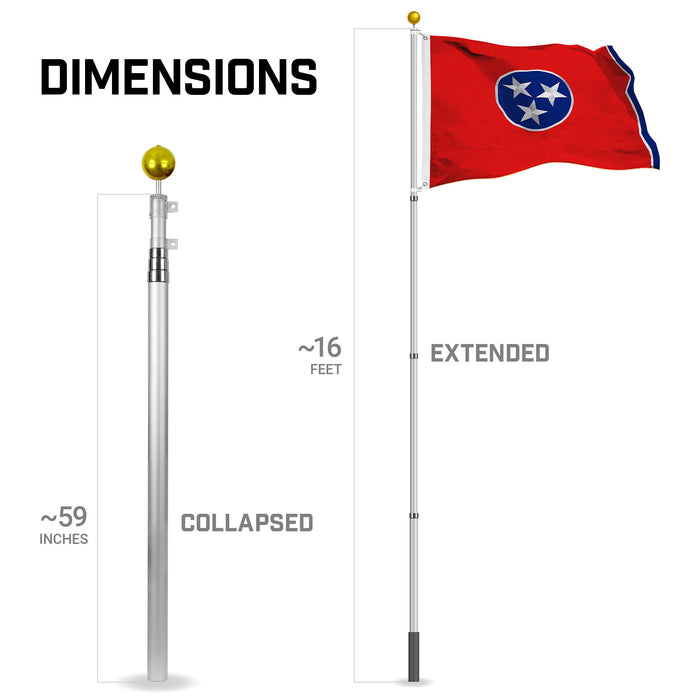 G128 Combo Pack: 16 Ft Telescoping Aluminum Flagpole (Silver) & Tennessee TN  3x5 Ft, StormFlyer Series Embroidered 220GSM Spun Polyester | Pole with Flag Included