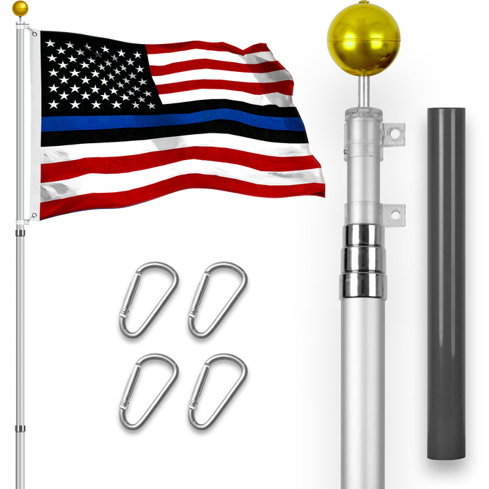 G128 Combo Pack: 16 Ft Telescoping Aluminum Flagpole (Silver) & Blue Lives Matter Flag 3x5 Ft, StormFlyer Series Embroidered 220GSM Spun Polyester | Pole with Flag Included