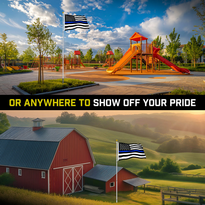 G128 Combo Pack: 16 Ft Telescoping Aluminum Flagpole (Silver) & Thin Blue Line Flag 3x5 Ft, StormFlyer Series Embroidered 220GSM Spun Polyester | Pole with Flag Included