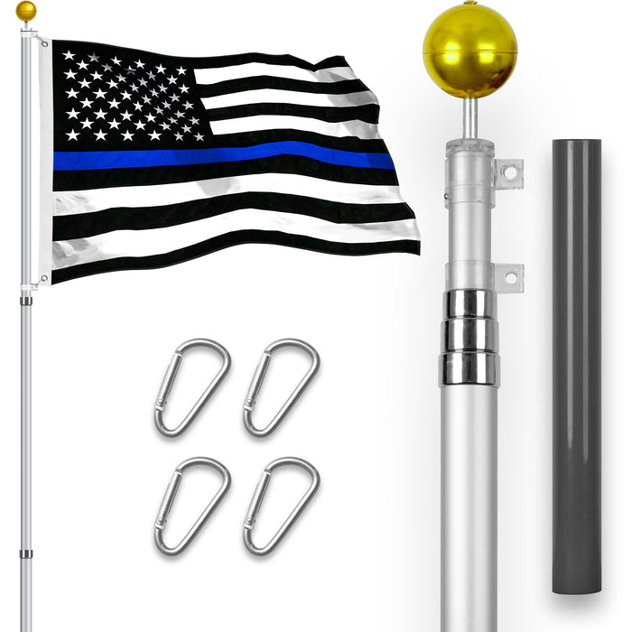 G128 Combo Pack: 16 Ft Telescoping Aluminum Flagpole (Silver) & Thin Blue Line Flag 3x5 Ft, StormFlyer Series Embroidered 220GSM Spun Polyester | Pole with Flag Included