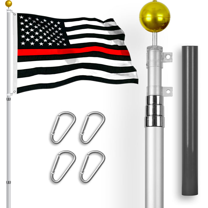 G128 Combo Pack: 16 Ft Telescoping Aluminum Flagpole (Silver) & Thin Red Line  3x5 Ft, StormFlyer Series Embroidered 220GSM Spun Polyester | Pole with Flag Included