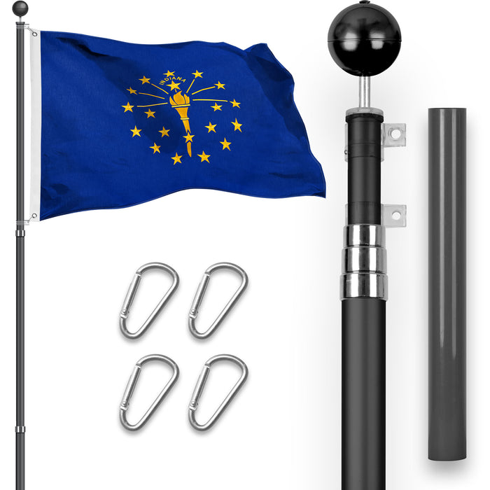 G128 Combo Pack: 16 Ft Telescoping Aluminum Flagpole (Black) & Indiana IN  3x5 Ft, StormFlyer Series Embroidered 220GSM Spun Polyester | Pole with Flag Included