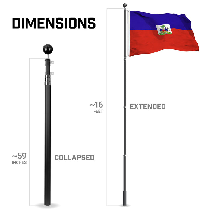 G128 Combo Pack: 16 Ft Telescoping Aluminum Flagpole (Black) & Haiti Haitian Flag 3x5 Ft, StormFlyer Series Embroidered 220GSM Spun Polyester | Pole with Flag Included