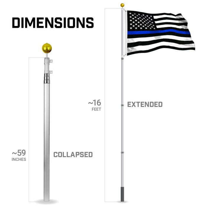 G128 Combo Pack: 16 Ft Telescoping Aluminum Flagpole (Silver) & Thin Blue Line Flag 3x5 Ft, StormFlyer Series Embroidered 220GSM Spun Polyester | Pole with Flag Included