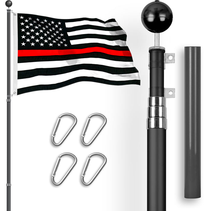 G128 Combo Pack: 16 Ft Telescoping Aluminum Flagpole (Black) & Thin Red Line  3x5 Ft, StormFlyer Series Embroidered 220GSM Spun Polyester | Pole with Flag Included