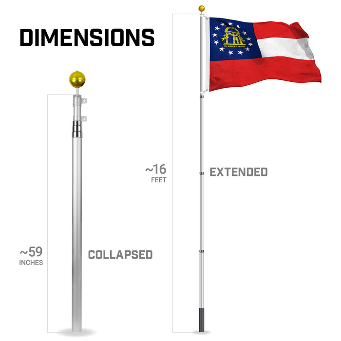 G128 Combo Pack: 16 Ft Telescoping Aluminum Flagpole (Silver) & Georgia GA  3x5 Ft, StormFlyer Series Embroidered 220GSM Spun Polyester | Pole with Flag Included
