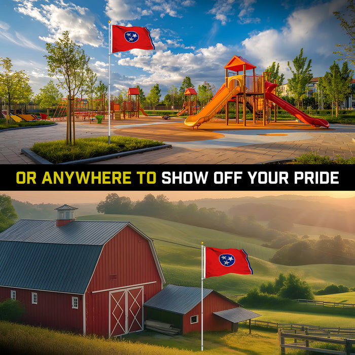 G128 Combo Pack: 16 Ft Telescoping Aluminum Flagpole (Silver) & Tennessee TN  3x5 Ft, StormFlyer Series Embroidered 220GSM Spun Polyester | Pole with Flag Included