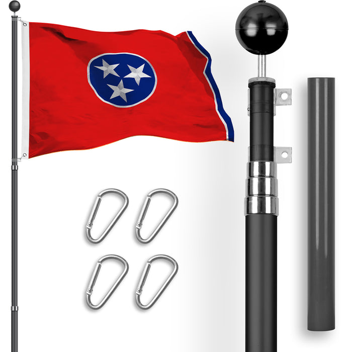 G128 Combo Pack: 16 Ft Telescoping Aluminum Flagpole (Black) & Tennessee TN  3x5 Ft, StormFlyer Series Embroidered 220GSM Spun Polyester | Pole with Flag Included