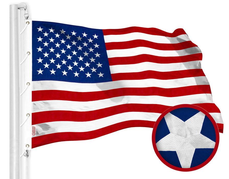 G128 American USA Flag | 12x18 Ft | StormFlyer Series Embroidered 220GSM Spun Polyester | Country Flag, Embroidered Stars, Sewn Stripes, Indoor/Outdoor, Brass Grommets, Heavy Duty, All Weather