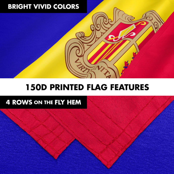 G128 Combo Pack: 6 Ft Tangle Free Aluminum Spinning Flagpole (White) & Andorra Andorran Flag 3x5 Ft, LiteWeave Pro Series Printed 150D Polyester | Pole with Flag Included