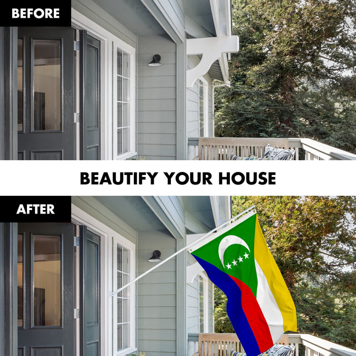 G128 Combo Pack: 6 Ft Tangle Free Aluminum Spinning Flagpole (White) & Comoros Comorian Flag 3x5 Ft, LiteWeave Pro Series Printed 150D Polyester | Pole with Flag Included