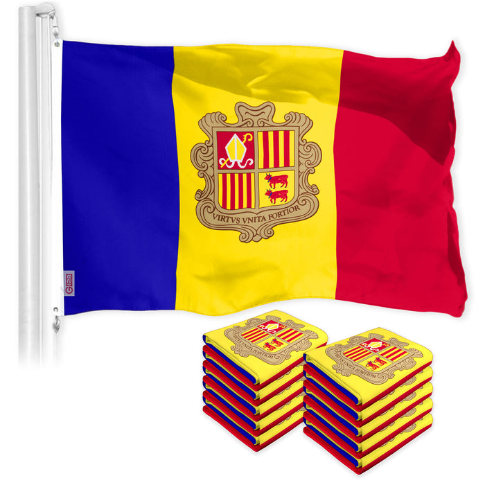 G128 10 Pack: Andorra Andorran Flag | 3x5 Ft | LiteWeave Pro Series Printed 150D Polyester | Country Flag, Indoor/Outdoor, Vibrant Colors, Brass Grommets