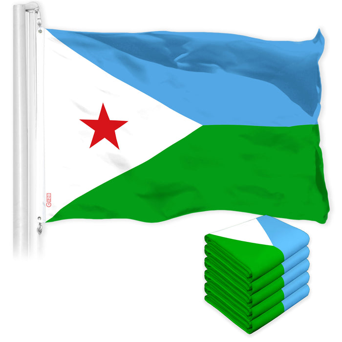 G128 5 Pack: Djibouti Djiboutians Flag | 3x5 Ft | LiteWeave Pro Series Printed 150D Polyester | Country Flag, Indoor/Outdoor, Vibrant Colors, Brass Grommets