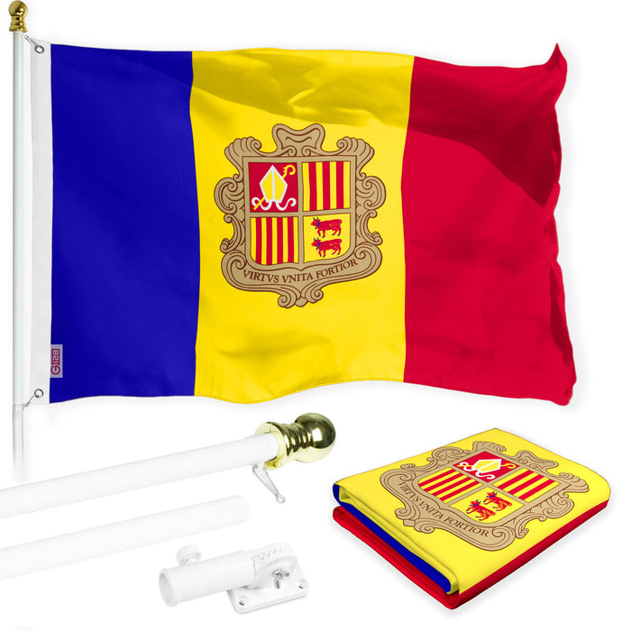 G128 Combo Pack: 6 Ft Tangle Free Aluminum Spinning Flagpole (White) & Andorra Andorran Flag 3x5 Ft, LiteWeave Pro Series Printed 150D Polyester | Pole with Flag Included