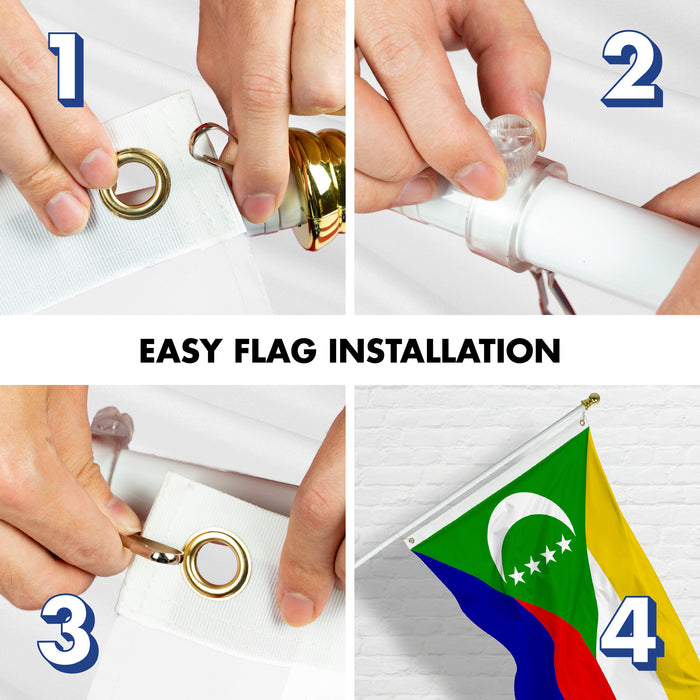 G128 Combo Pack: 6 Ft Tangle Free Aluminum Spinning Flagpole (White) & Comoros Comorian Flag 3x5 Ft, LiteWeave Pro Series Printed 150D Polyester | Pole with Flag Included