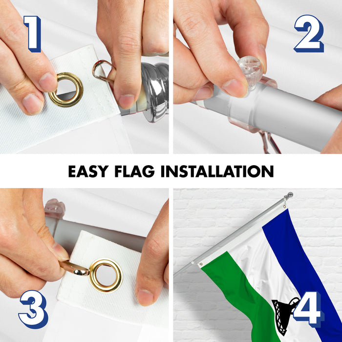 G128 Combo Pack: 6 Ft Tangle Free Aluminum Spinning Flagpole (Silver) & Lesotho Basotho Flag 3x5 Ft, LiteWeave Pro Series Printed 150D Polyester | Pole with Flag Included