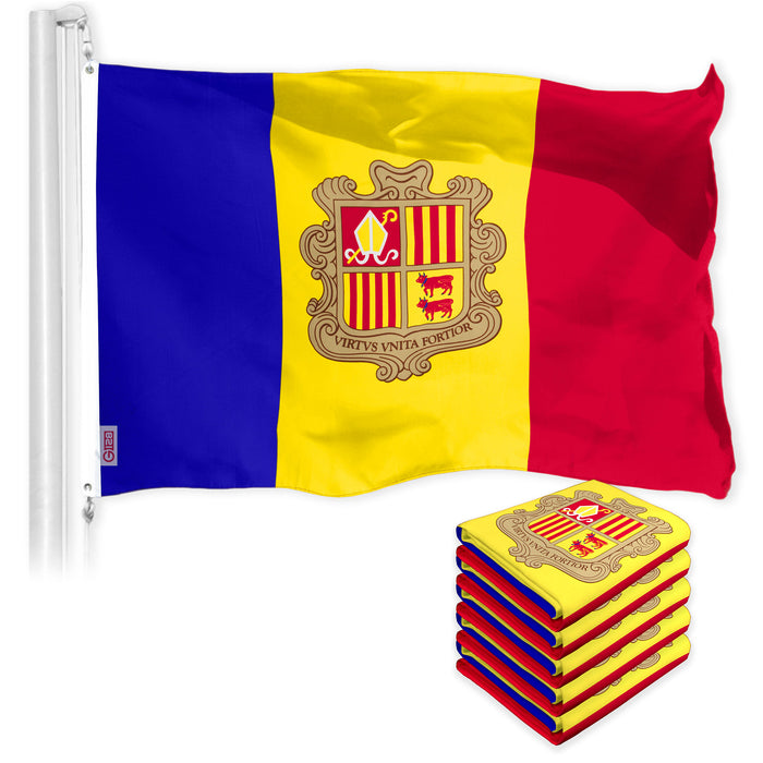 G128 5 Pack: Andorra Andorran Flag | 3x5 Ft | LiteWeave Pro Series Printed 150D Polyester | Country Flag, Indoor/Outdoor, Vibrant Colors, Brass Grommets