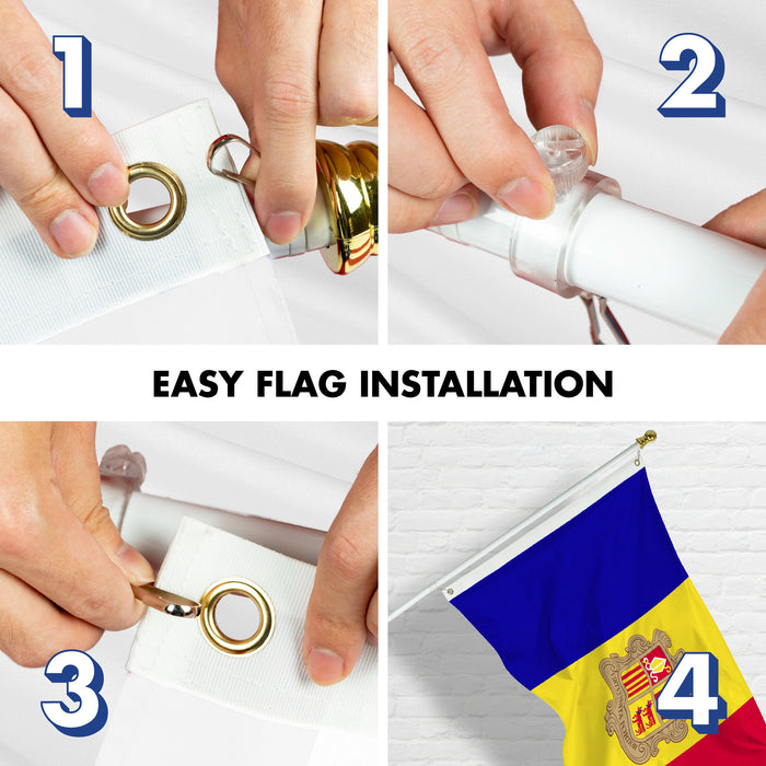 G128 Combo Pack: 6 Ft Tangle Free Aluminum Spinning Flagpole (White) & Andorra Andorran Flag 3x5 Ft, LiteWeave Pro Series Printed 150D Polyester | Pole with Flag Included