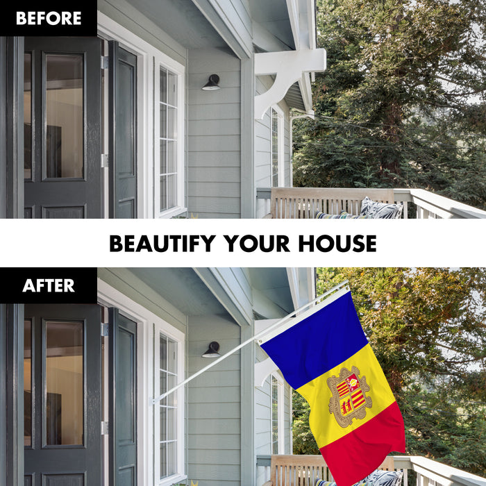 G128 Combo Pack: 6 Ft Tangle Free Aluminum Spinning Flagpole (White) & Andorra Andorran Flag 3x5 Ft, LiteWeave Pro Series Printed 150D Polyester | Pole with Flag Included