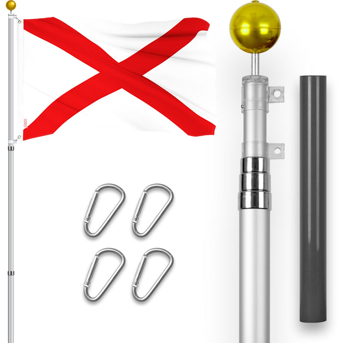 G128 Combo Pack: 16 Ft Telescoping Aluminum Flagpole (Silver) & Alabama AL  3x5 Ft, ToughWeave Series Embroidered 300D Polyester | Pole with Flag Included