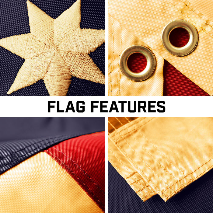 G128 Combo Pack: 16 Ft Telescoping Aluminum Flagpole (Silver) & Bennington 76 Tea-Stained Flag 3x5 Ft, ToughWeave Pro Series Embroidered 420D Polyester | Pole with Flag Included