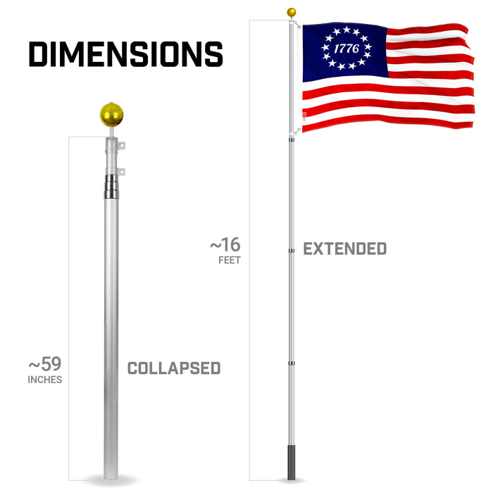 Flags On Pole Rounded 16FT Telescoping Silver Flag Pole and Betsy Ross 1776 Circle Flag ...