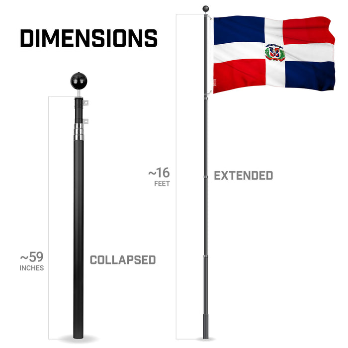 G128 Combo Pack: 16 Ft Telescoping Aluminum Flagpole (Black) & Dominican Republic Flag 3x5 Ft, ToughWeave Series Embroidered 300D Polyester | Pole with Flag Included