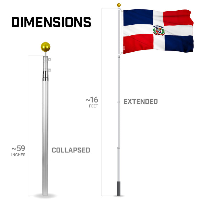 G128 Combo Pack: 16 Ft Telescoping Aluminum Flagpole (Silver) & Dominican Republic Flag 3x5 Ft, ToughWeave Series Embroidered 300D Polyester | Pole with Flag Included