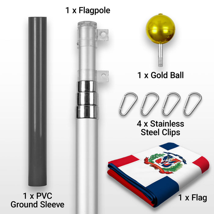 G128 Combo Pack: 16 Ft Telescoping Aluminum Flagpole (Silver) & Dominican Republic Flag 3x5 Ft, ToughWeave Series Embroidered 300D Polyester | Pole with Flag Included