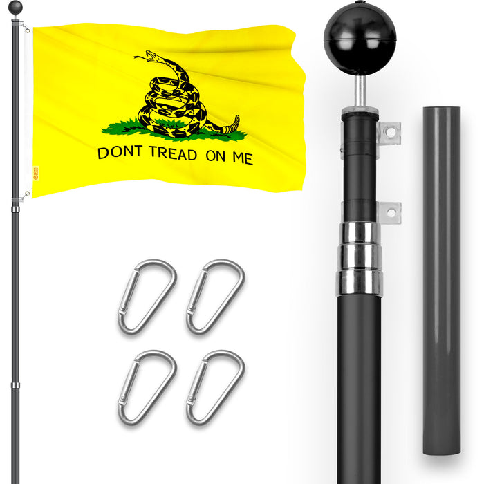 G128 Combo Pack: 16 Ft Telescoping Aluminum Flagpole (Black) & Gadsden Don't Tread On Me Flag 3x5 Ft, ToughWeave Series Embroidered 300D Polyester | Pole with Flag Included