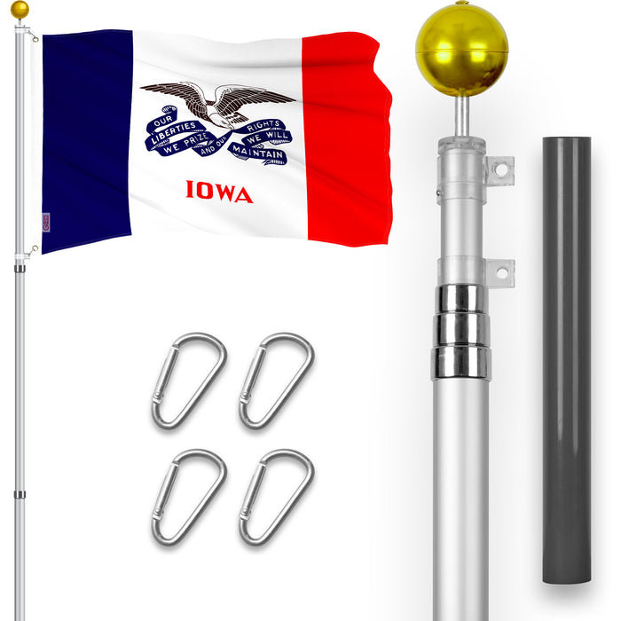 G128 Combo Pack: 16 Ft Telescoping Aluminum Flagpole (Silver) & Iowa IA 2019  3x5 Ft, ToughWeave Series Embroidered 300D Polyester | Pole with Flag Included
