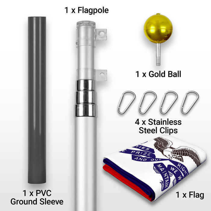 G128 Combo Pack: 16 Ft Telescoping Aluminum Flagpole (Silver) & Iowa IA 2019  3x5 Ft, ToughWeave Series Embroidered 300D Polyester | Pole with Flag Included