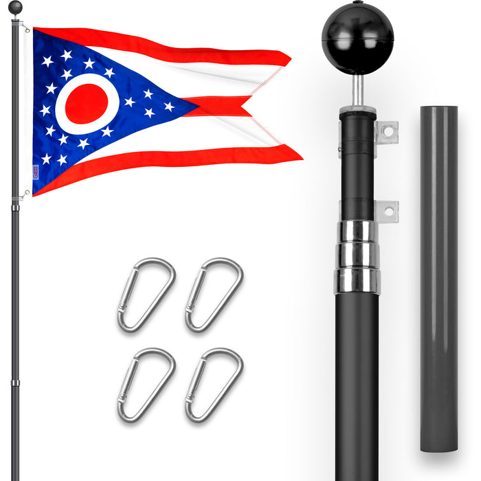 G128 Combo Pack: 16 Ft Telescoping Aluminum Flagpole (Black) & Ohio OH  3x5 Ft, ToughWeave Series Embroidered 300D Polyester | Pole with Flag Included