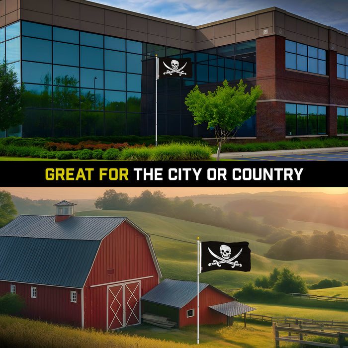 G128 Combo Pack: 16 Ft Telescoping Aluminum Flagpole (Silver) & Pirate Jolly Roger Swords Flag 3x5 Ft, ToughWeave Series Embroidered 300D Polyester | Pole with Flag Included