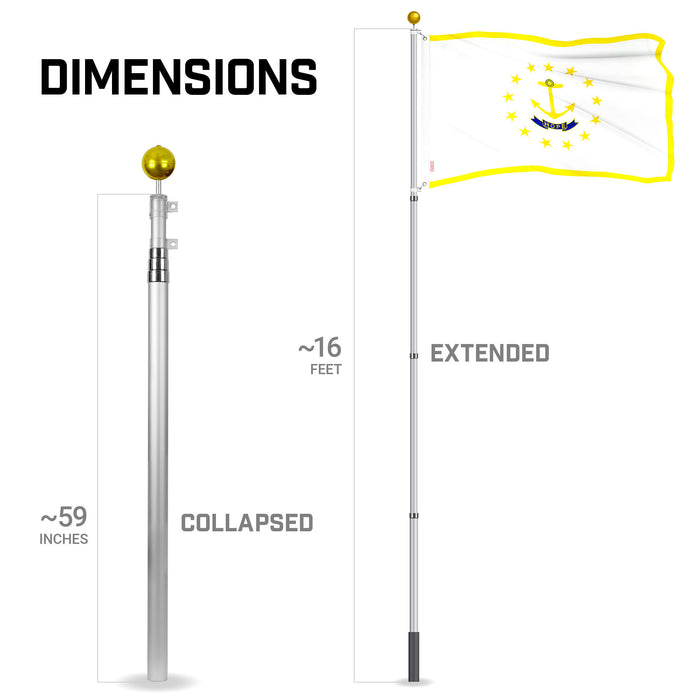 G128 Combo Pack: 16 Ft Telescoping Aluminum Flagpole (Silver) & Rhode Island RI  3x5 Ft, ToughWeave Series Embroidered 300D Polyester | Pole with Flag Included